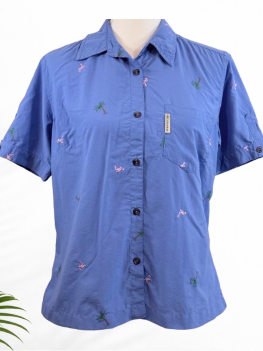 Columbia Women’s M Blue Flamingo Palm Tree Embroidered Button Up Shirt
